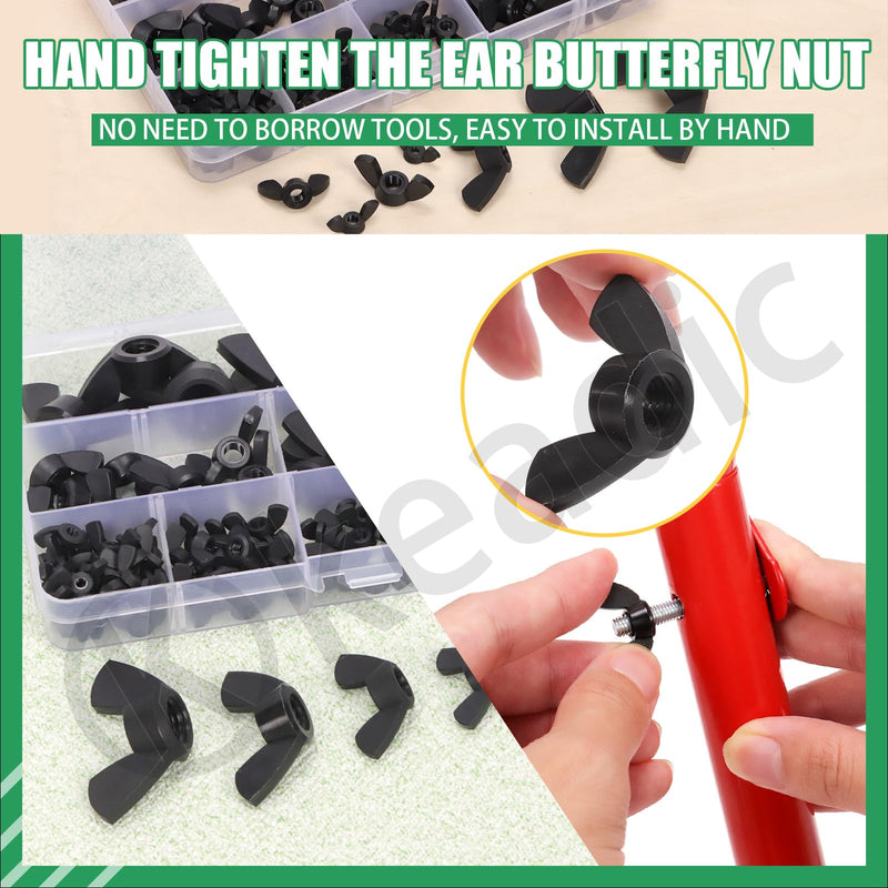 Keadic 110Pcs Nylon Metric Wing Nuts Assortment Set, M3 M4 M5 M6 M8 M10 M12 Hand Twist Tighten Ear Butterfly Nut Wingnuts for Home Building Industry (Black) Black
