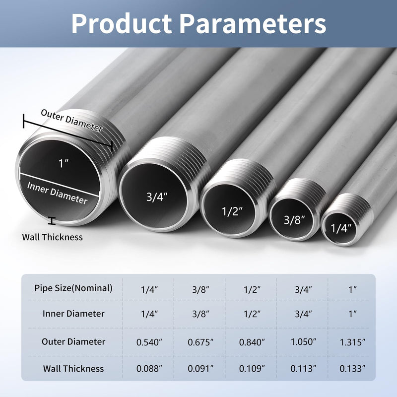 3/4"x8" 304 Stainless Steel Pipe, 3/4" NPTx 3/4" NPT Male Threaded Nipple, SCH40 Heavy Duty Pre-Cut Steel Pipe for Plumbing Gas, Hydraulic, and Industrial Applications(8", 6 Piece) 8 Inch