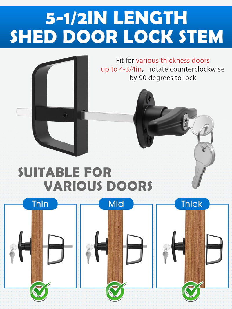 Shed Door T-Handle Lock Latch Kit 5-1/2" Stem 4 Keys, 6in Spring Loaded Gate Pin Bolt Latch, Shed Barn Coop Storage Door T-Lock Set - 1 Lock+2 Latch Lock 5-1/2" + Latch 6in