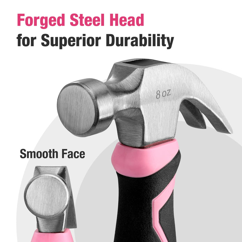 WORKPRO 8 oz Claw Hammer with Fiberglass Handle, All Purpose Hammer with Forged Hardened Steel Head, Smooth Face & Shock Reduction Grip - Pink Ribbon 8oz