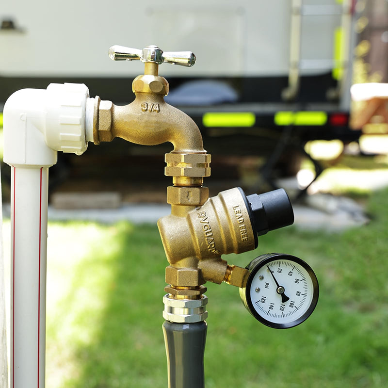 RVGUARD RV Water Pressure Regulator Valve, Lead-Free Brass Adjustable Water Pressure Reducer with Gauge and Inlet Screen Filter for RV Camper Travel Trailer