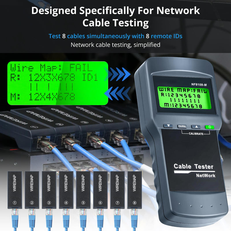 RJ45 Network Cable Tester Kit with 8 Remote Units, LAN Ethernet Length Meter for Cat5/Cat5e/Cat6/Cat6e Cables - Locate Breakage Point, Length Measurement & Continuity Checking