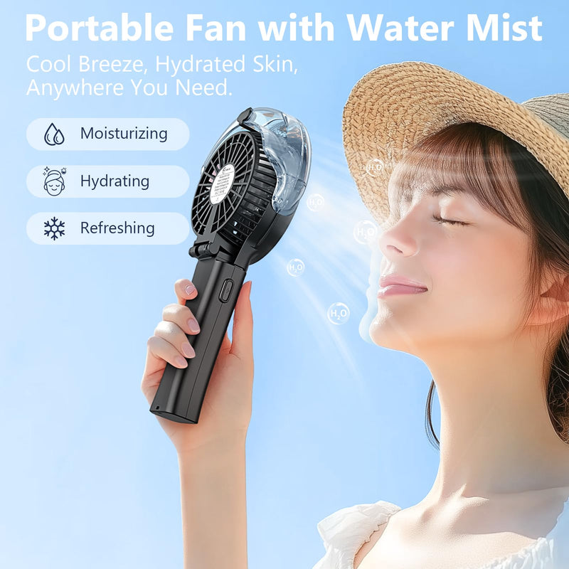 6000mAh Portable Handheld Misting Fan as Backup Power, 50ml XL Water Tank, 20H Runtime 3 Speeds, 180° Foldable Rechargeable Mist Fan for Travel, Outdoors, Makeup - Black
