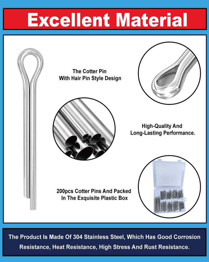 290 Pcs Cotter Pins - 24 Sizes Cotter Pin Assortment Kit Hardware Pins 304 Stainless Cotter Pins Small Cotter Pins Carter Pins Kit Used for Automotive, Trailer Hitch,Lawn Mower 290pcs-Assortment kit
