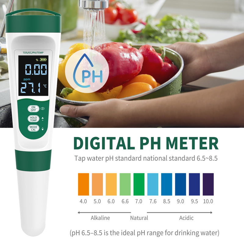 5-in-1 Digital PH Meter, with Voice Function, PH/TDS/EC/Temp/Salt Pool Salt Tester, Waterproof & Rechargeable Pen Meter for Swimming Pools, Fish Tank, Aquariums & Hydroponics