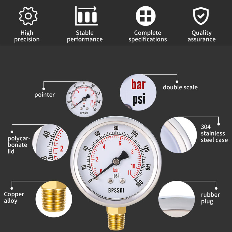 0-160 Psi Pressure Gauge, 2.5" Dial Size, 1/4" NPT Lower Mount, 304 Stainless Steel Case, Water Pressure Gauge Test for Water Pump, Pneumatic Air, RV Hose, Tank, Well Pump(with Tape) 0-160psi（includes tape）