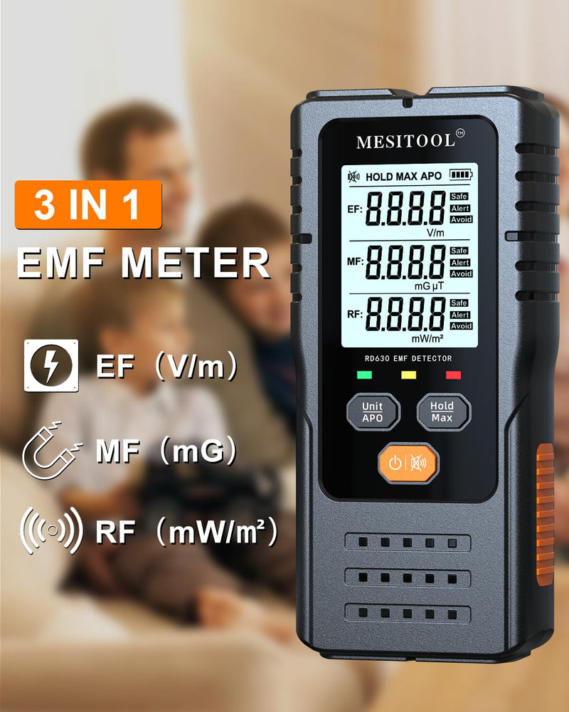 EMF Meter Digital Electromagnetic Field Radiation Detector Hand-held LCD 3 in 1 EMF Detector for EF/MF/RF,5G,WiFi for Home, Office and Outdoors (630W) 630W