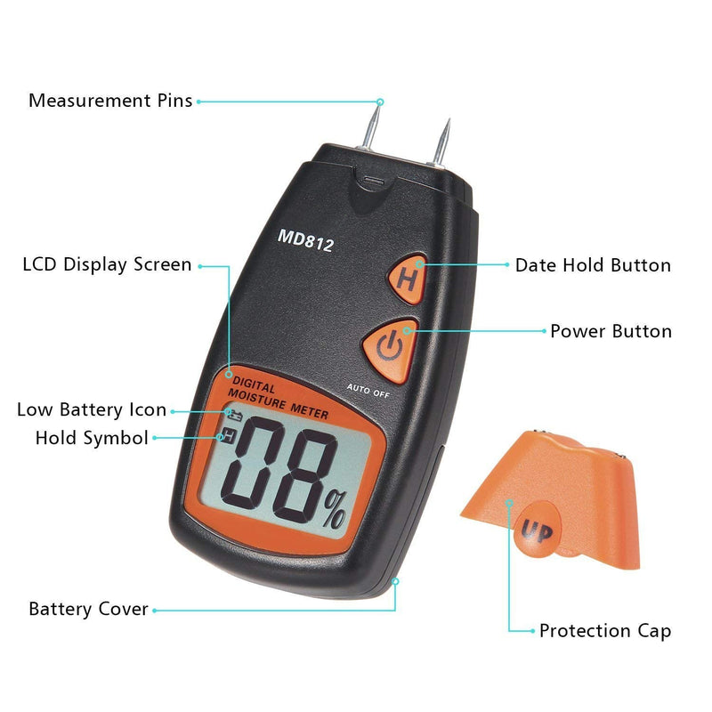 Wood Moisture Meter, MD-812 Digital Moisture Tester- Wood Moisture Detector for Firewoods 2-Pin Sensor(Range 5% - 40% RH; Accuracy: 1%)