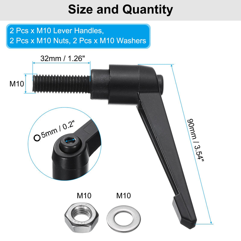 uxcell 2pcs Lever Adjustable Handles M10 x 32mm Metric Male Thread with Nuts Washers, Level Clamping Handle Set Hand Stud Knobs Rotating Screw Handles Bolts with Locking Lever, Black