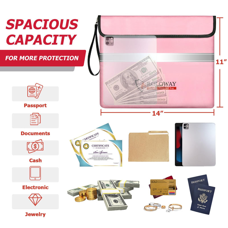 ROLOWAY Fireproof Document Bag (14 x 11 inch) with 5200℉ Upgraded Aluminum Foil Layer, Fireproof Bag for Documents with Reflective Strip and Zipper (Pink) 14 x 11 inch 5200℉ Pink