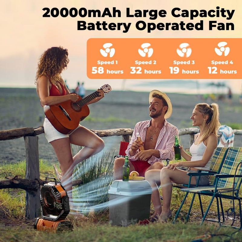 Camping Fan - 20000mAh Battery Powered Fan Rechargeable with LED Lantern - Portable Outdoor Tent Fans with Hanging Hook 4 Speeds Wind Remote Control, Black and Orange 8.9*11.4*4.6in