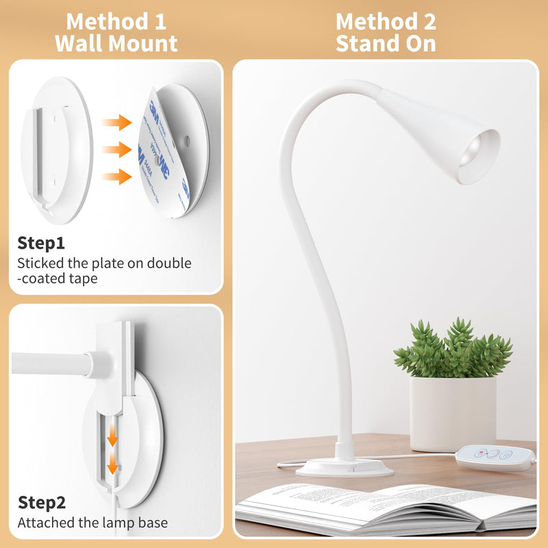 Book Light for Bed, Reading Light at Night, Wall Mount Reading Lamp for Bedside,Headboard, Eye Care LED, 5 Color & Brightness Dimmable, Flexible Gosseneck, 1 Pack, White 1Set/White