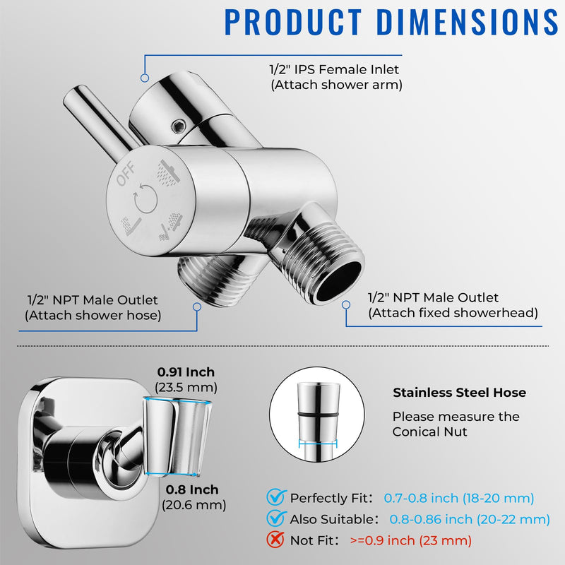 G-Promise All Metal High Flow Shower Diverter Valve with Adjustable Shower Head Holder, Universal 3-Way Splitter with Pause Mode for Handheld and Fixed Spray Head Adapter Replacement (Chrome) Chrome