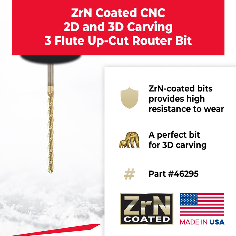Amana Tool Up Cut Spiral CNC Router Bits for 2D/3D Carving, ZrN Coated, 46295, 1 Deg Straight Angle Ball Tip 1/8 D x 1/16 R x 1-1/2 x 1/8 Shk x 3 Fl
