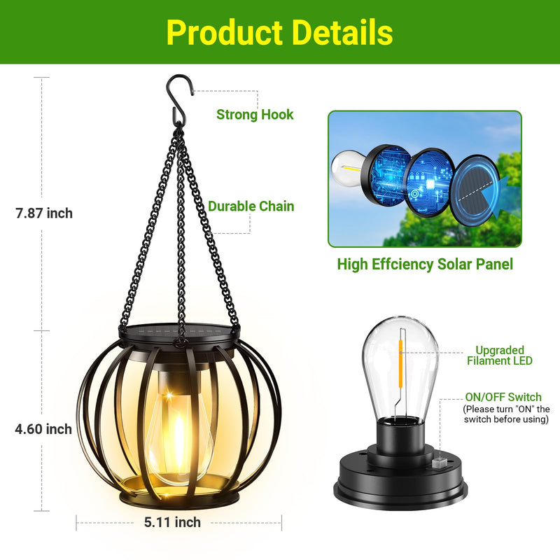 KOOPER Solar Lanterns Outdoor Lights, Upgraded Metal Solar Lantern Lights, Brighter Hanging Solar Lights Outdoor Waterproof, Auto On/Off Outdoor Solar Lights for Yard Garden Patio Pathway Decor 2 Pack