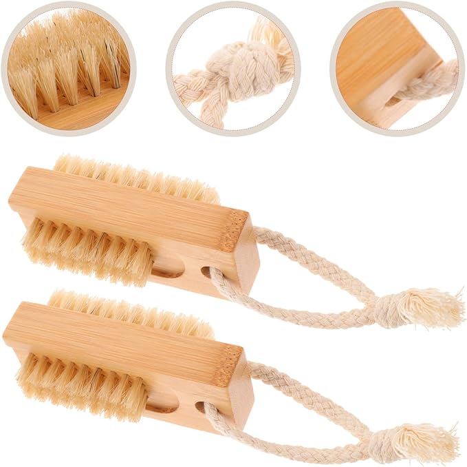 Beaupretty Nail Brushes Set of 2 Nail Brushes Wooden Hand Wash Brushes Double Sided Nail Cleaning Nail Scrub Brush with Hanging Rope - NewNest Australia