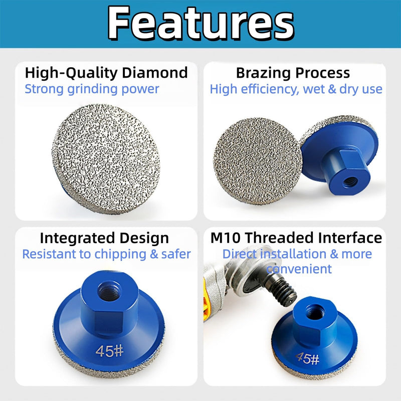 2inch 50mm Brazed Flat Grinding Wheel Diamond Grinding Disc Polishing Pads M10 Thread for Quartz Marble Granite Trimming 3Pcs 45/60/100 Grit