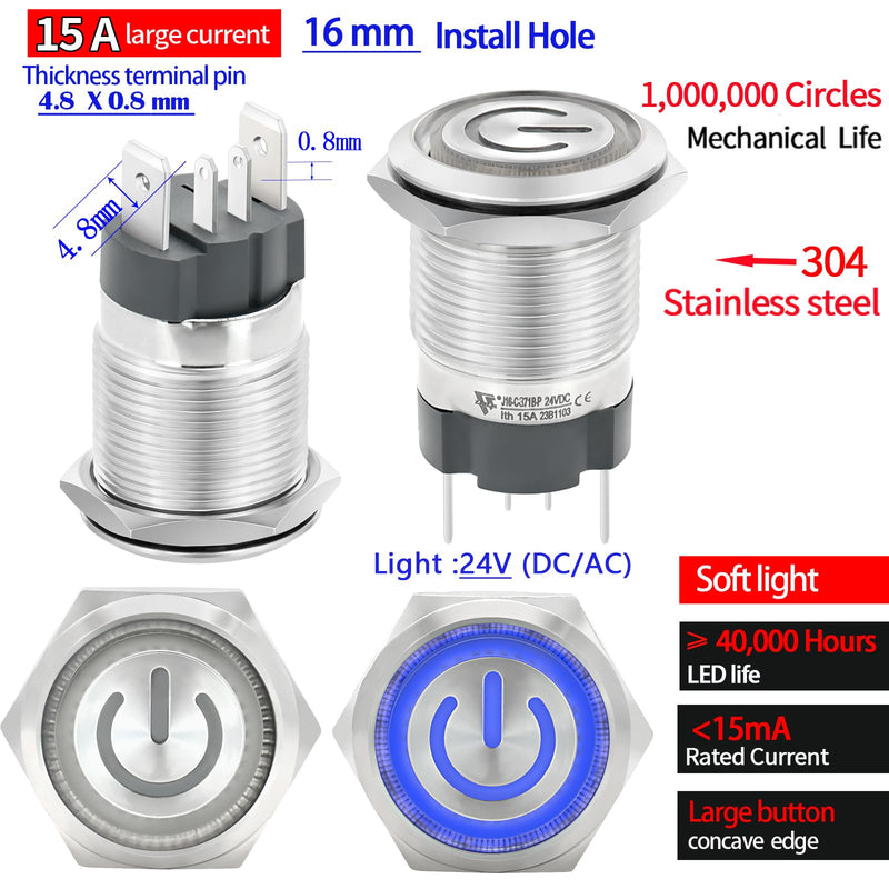 15Amp 12V-24V DC 16mm Latching Push Button Switch IP67 Waterproof SPST with LED Angel Eye Light Stainless Steel 304 On and Off with Wire Socket Pc Power Button Self-Locking 5/8" Latching, 12V-24V Blue