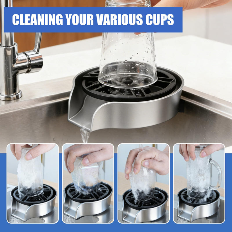 Glass Rinser for Kitchen Sink, High Pressure 360 Degree Rotating Glass Rinser with Pull-Out Spray Gun, Cup Washer Kitchen Sink Attachment Silver