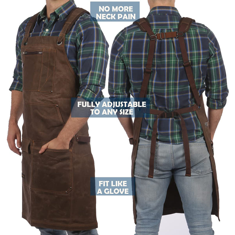 16oz Waxed Canvas Work Apron with Tape Holder - Fully Adjustable, Tough Protection for Men Brown