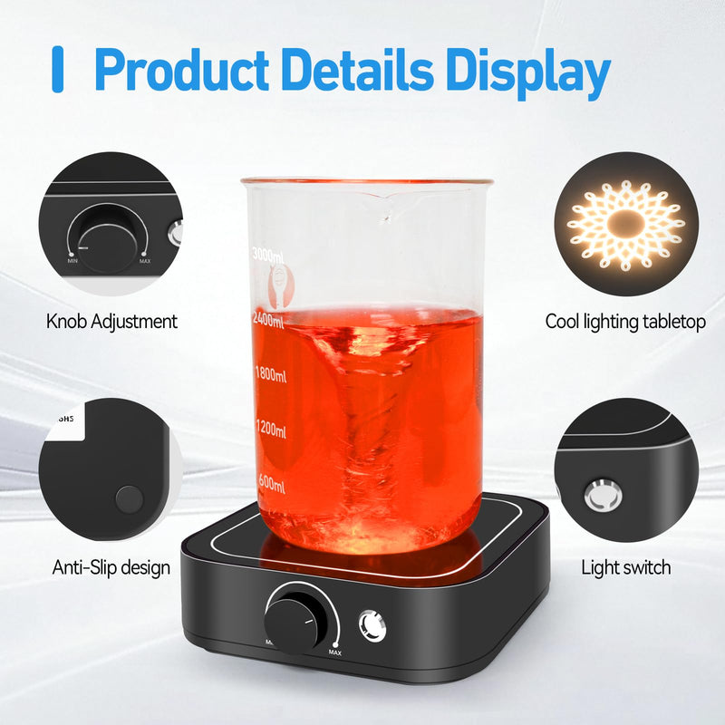 Magnetic Stirrer 3000rpm with LED Light, Magnetic stir Plate with 2pcs Stir Bar Set, Mini Magnetic Mixer Stirrer Max Stirring Capacity 3000mL for Lab and Homebrew