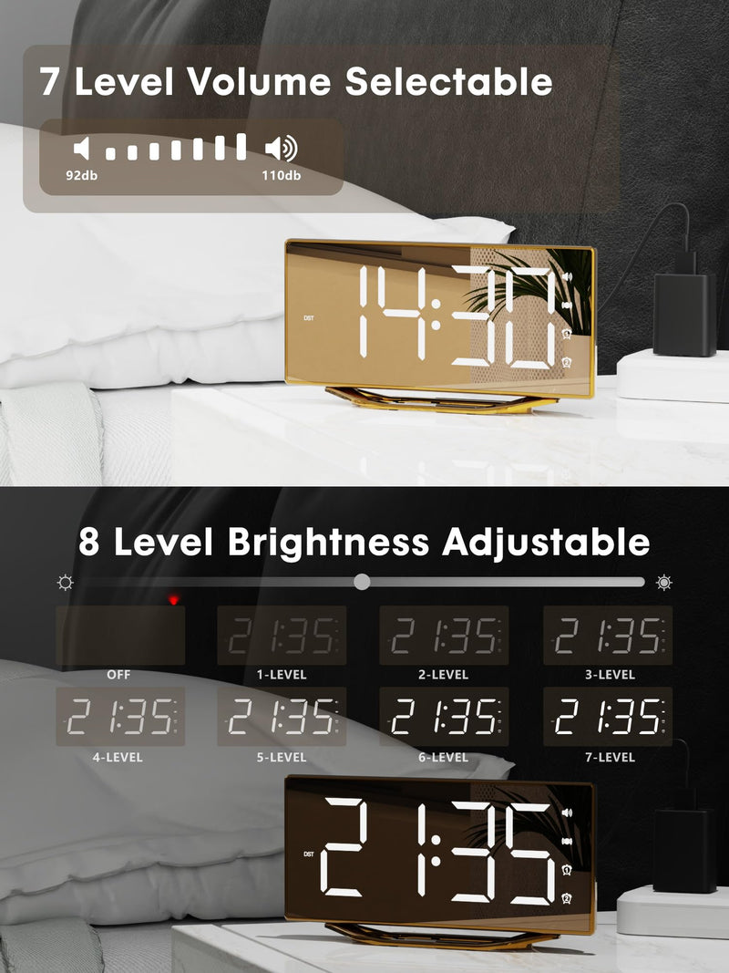 Loud Alarm Clock for Heavy Sleeper, 2 Alarms Big Display Clock with Bed Shaker for Hard of Hearing Deaf,Plug in Bedroom Mirror Clock,Phone Charger,Dimmer,Simple Digital Clock for Senior Adult Teen Kid Gold Surface(with Bed Shaker)