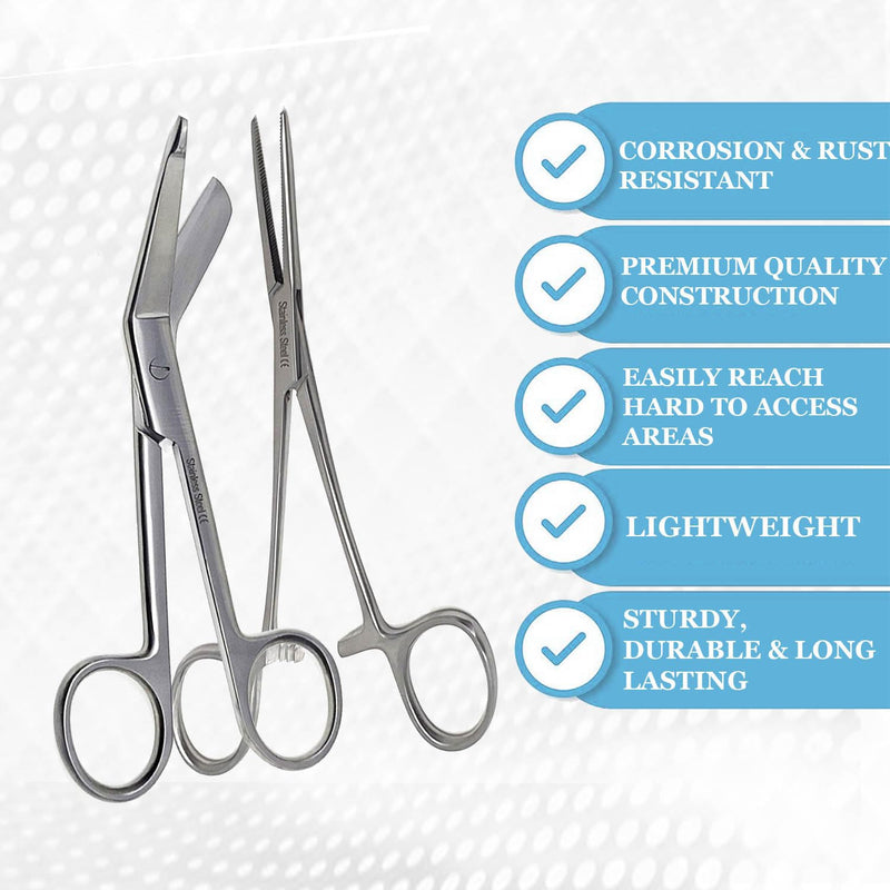 Set of 2 Pieces Bandage Scissors 5.5" and Straight Hemostat 5.5" Made of Premium Quality Stainless Steel (Silver) Silver