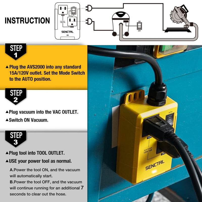 Automatic Vacuum Switch Allow Power Tool/Table Saw to Turn Vac Cleaner/Accessory On and Off Automatically, Load Sensing, On Delay Prevent Circuit Overload, Shop Dust Collector Off Delay