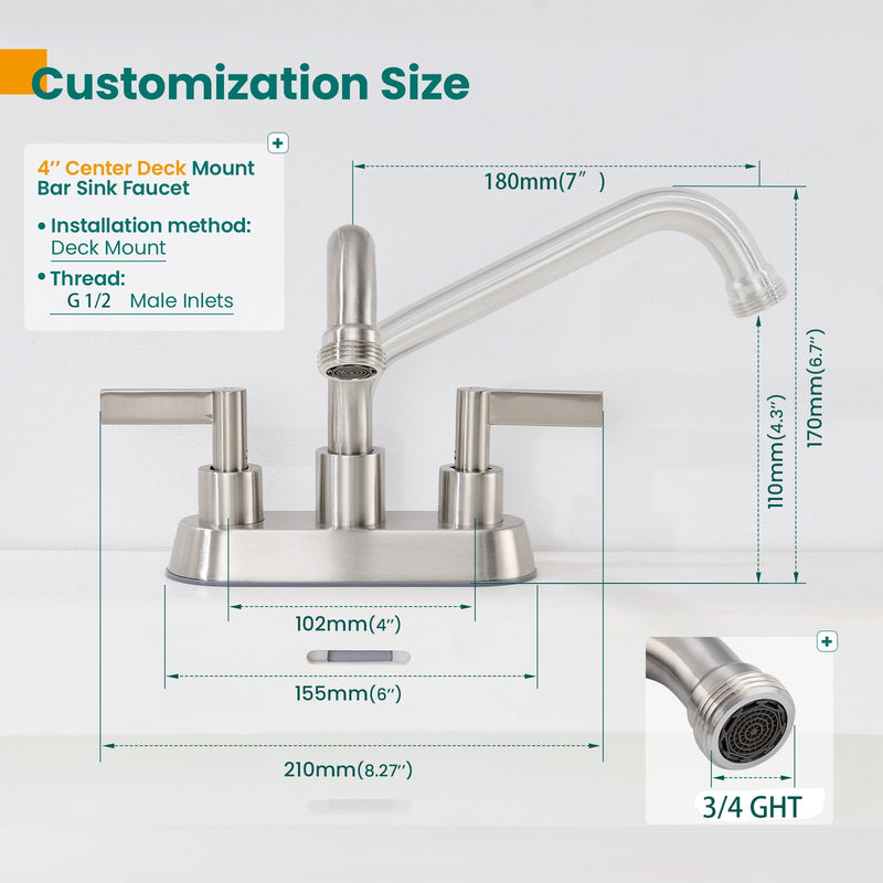 4 Inch Centerset Laundry Faucet, 2 or 3 Hole Deck Mount, Brushed Nickel Utility Sink Faucet with 360° Swivel Spout and 3/4'' Thread End Garden Hose Adapter