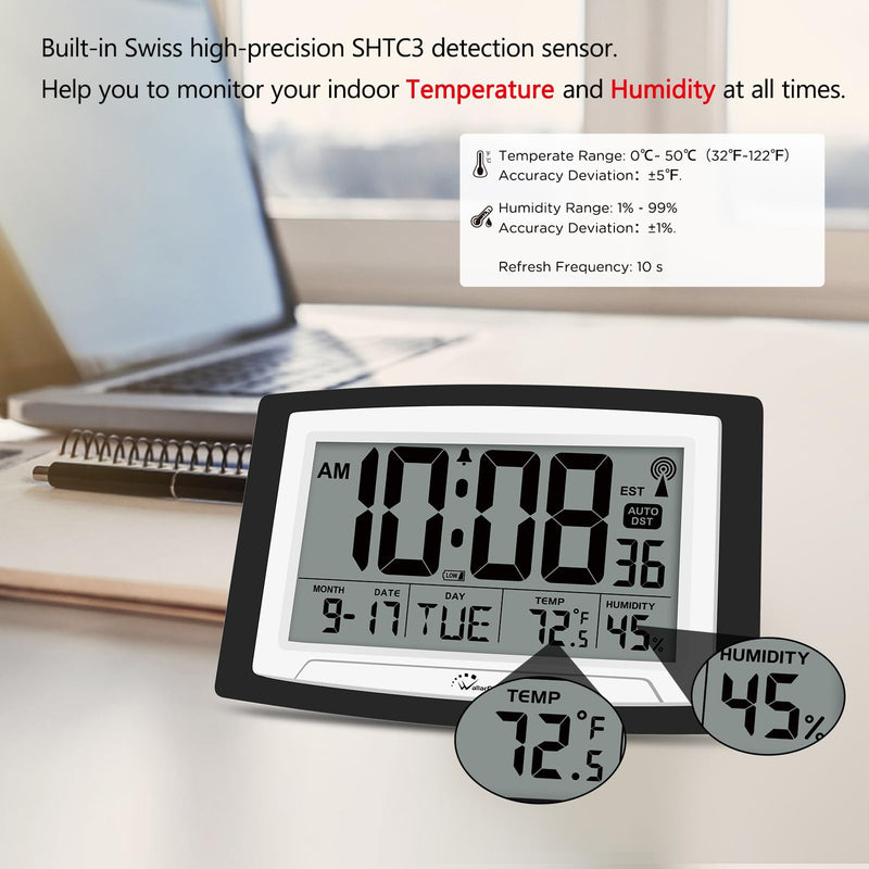 WallarGe Atomic Clock with Indoor Temperature and Humidity, 12.5 Inch Self-Setting Digital Wall Clock or Desk Clock, Battery Operated Digital Clock Large Display for Seniors, Auto DST 12.5 inches