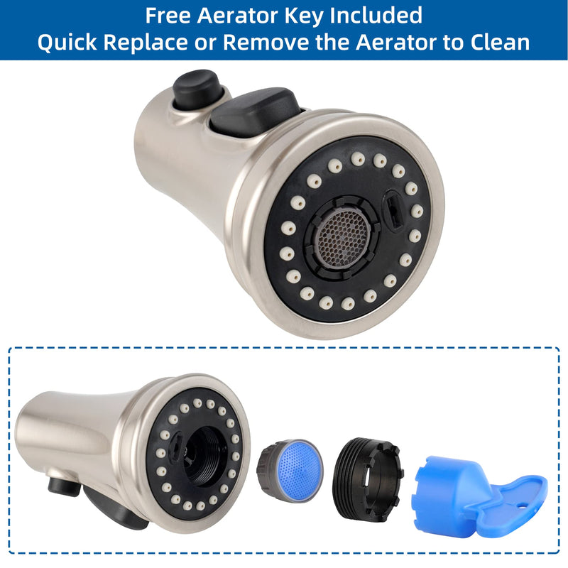 Hibbent Kitchen Faucet Head Replacement with Pull Down Spray Head, 3 Function Faucet Sprayer Nozzle - 15 Adapters Compatible with Moen, American Standard, Delta, Kohler - Brushed Nickel Stay on spray with hold button(common)