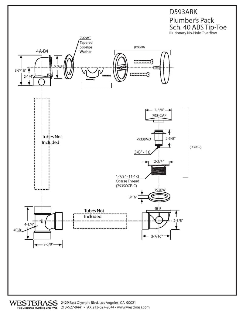 Westbrass D593ARK-62 Plumber's Pack Bath Waste Assembly with Tip-Toe Drain Plug, Illusionary Overflow Faceplate and Sch. 40 ABS Elbows, Matte Black