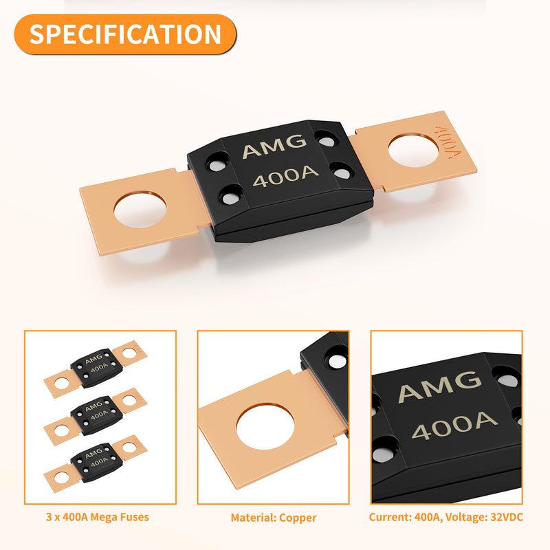 Joinfworld 400A MEGA Fuse, High Current Bolt Mount Automotive 400 Amp MEGA/AMG Fuse for Cars, Trucks, Construction Vehicles, Buses, Boats - 3Pcs