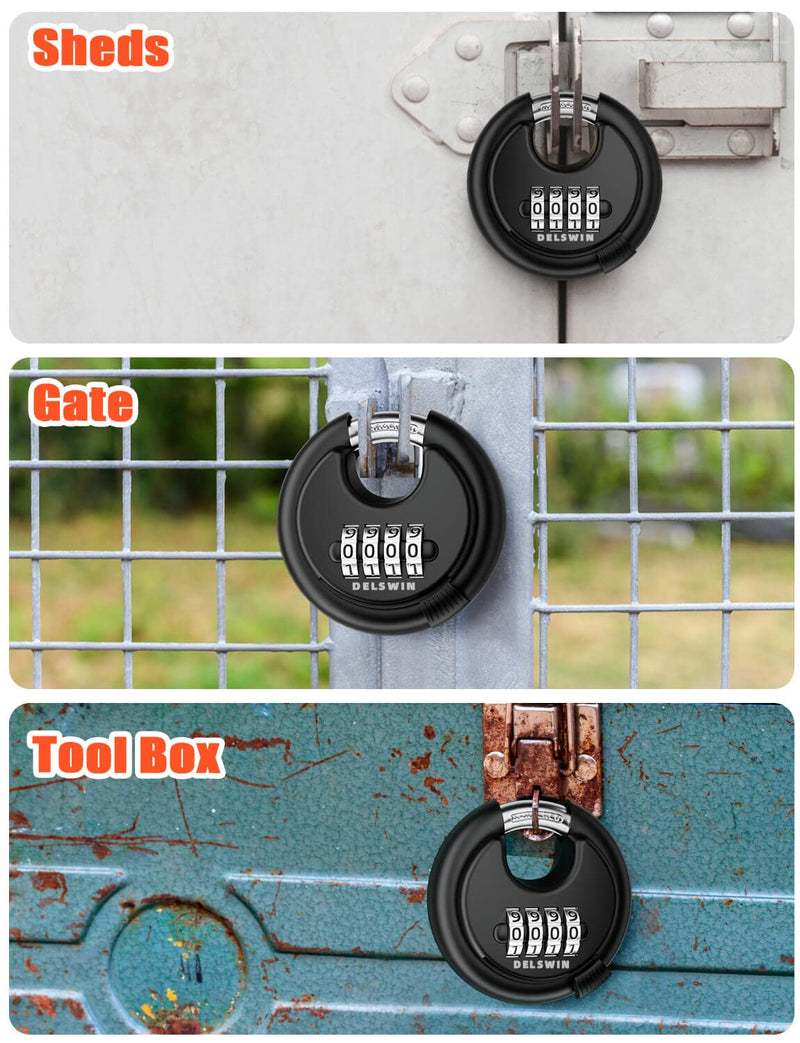 DELSWIN 4-Digit Disc Combination Lock Outdoor - Heavy Duty Combination Padlocks with Hardened Steel Shackle Weatherproof Combo Locks for Gates,Sheds,Fence,Storage Unit (3/8" Shackle, Black,2 Pcs) Black 2Pcs
