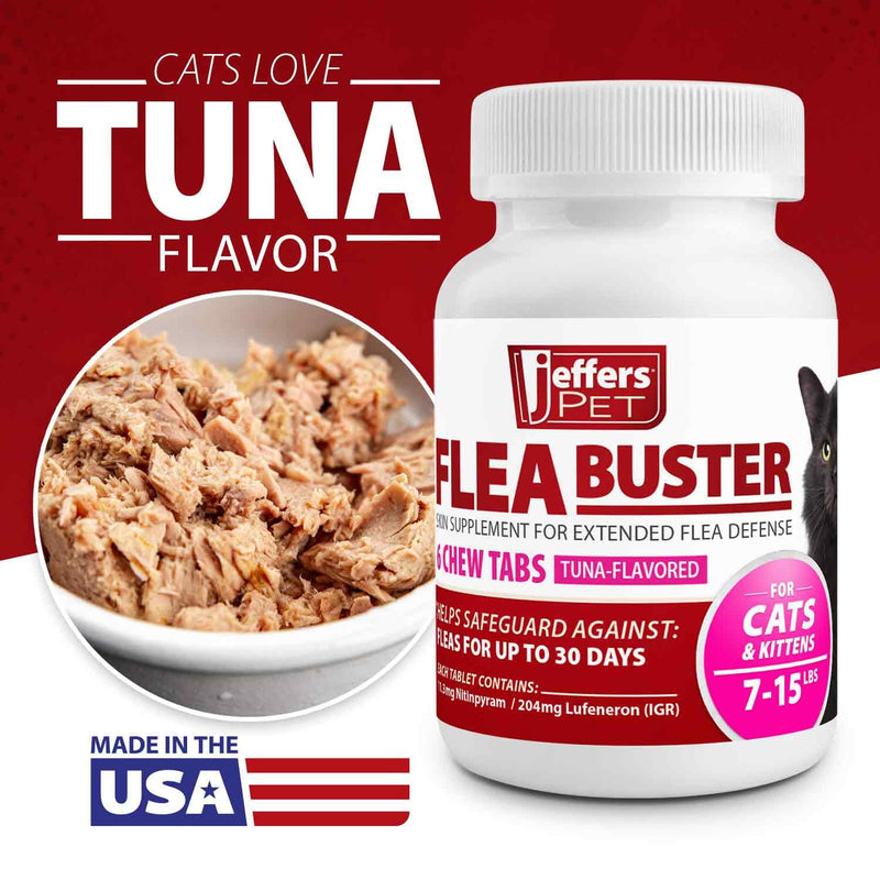 Jeffers Pet Flea Buster Chewable Tablets for Cats and Kittens 7-15 lbs, Tuna Flavor Supplements, Monthly Cat Flea Support, Made in USA, Easy to Feed Cat Tablets, Travel Friendly - 6 Count 7–15 lb