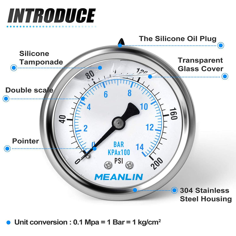 MEANLIN MEASURE 0~200Psi Stainless Steel 1/4" NPT 2.5" FACE DIAL Liquid Filled Pressure Gauge WOG Water Oil Air Back Mount (Pack of 2), with 1/2" NPT and 3/8" NPT Hex Bushing 0-200Psi (2Pcs)