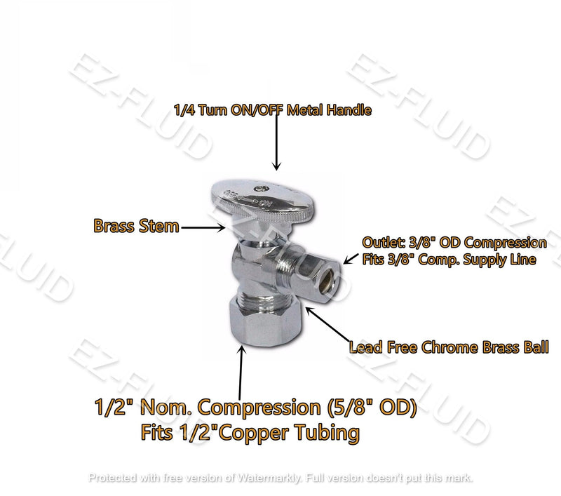 10Pcs EZ-FLUID Heavy Duty 1/2" Angle Stop Valve,1/2" Nom. (5/8"OD) Compression x 3/8"OD Outlet Water Shut Off Valves,1/4 TurnMetal Handle Angle Valve For Water Pipes,For Sink,Toilet,Faucet Valve Pack of 10