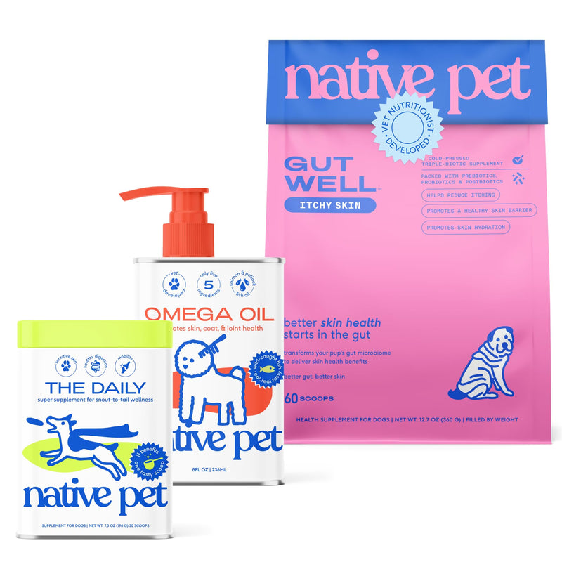 Native Pet Skin & Wellness Trio: 60 Scoops GutWell Itchy Skin - Dog Itching Skin Relief & Seasonal Allergy, 30 Scoops 11-in-1 Vitamins & Supplements & 8 Oz Omega 3 Fish Oil for Dogs & Cats