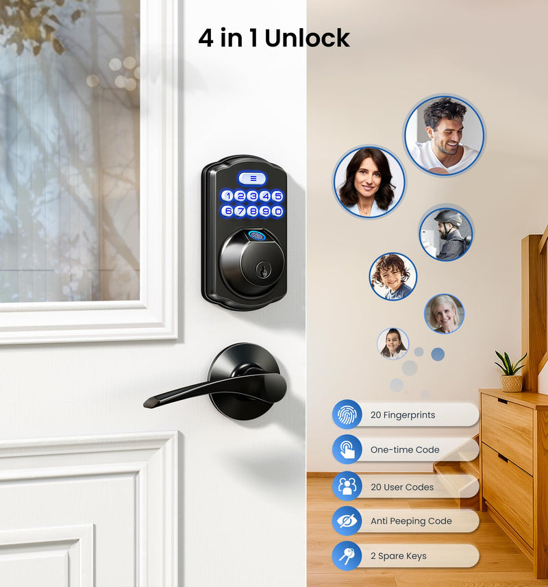 Veise KS02A Fingerprint Keyless Entry Door Lock, Auto Lock, Electronic Keypad Deadbolt for Front Door, Biometric, Anti-Peeping Password, Easy Install, Matte Black Traditional