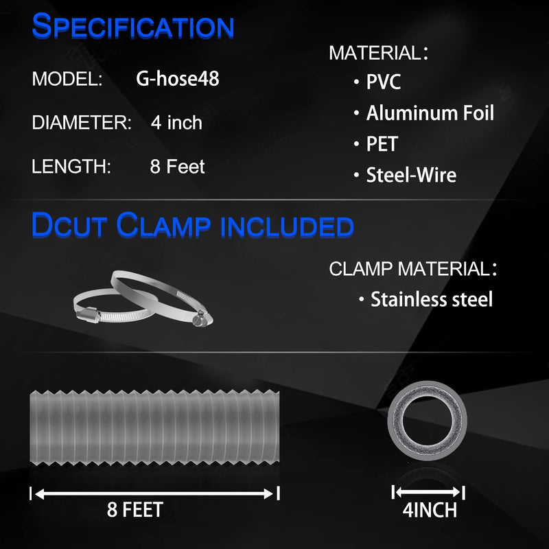 4 Inch 8FT Dryer Vent Hose,Flexible Insulated Air Ducting,Vent Hose PVC Aluminum Foil with 2 Clamps for HVAC Ventilation(Grey) 4in 8ft