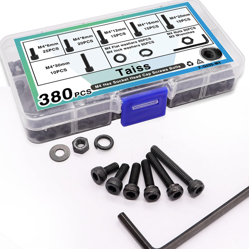 Taiss 380PCS M4 Screw Kit,Hex Socket Head Cap Screws Assortment with Nuts/Washers/Hex Wrench M4x6/8/12/16/20/30mm,12.9 Grade Alloy Steel Black Zinc Plated Small Metric Screws,M4 Bolts