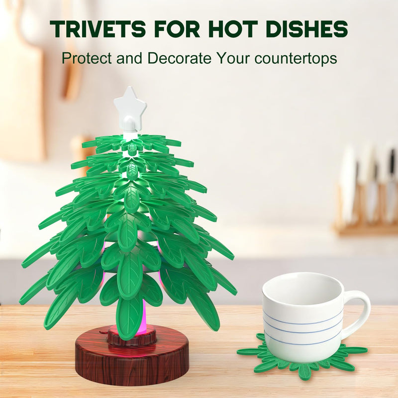 Christmas Silicone Tree Trivets with LED-6 Heat Resistant Pot Holders, Food Grade Silicone with Unfold Structure Pot Mat Non-Slip Suitable for Hot Pots, Pans, Dishes, Drinks (not Including Battery)