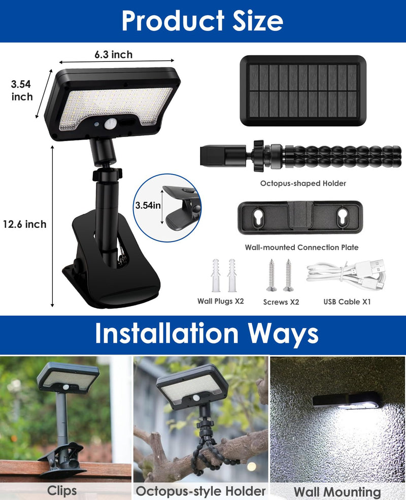 Clip on Solar Motion Sensor Lights Outdoor Waterproof with 92 LEDs, 6000K, 2 Pack Solar Powered Fence Lights for Outside Chain Link Fence Garage Gutter Camping RV (Cool White) Cool White (6000K)