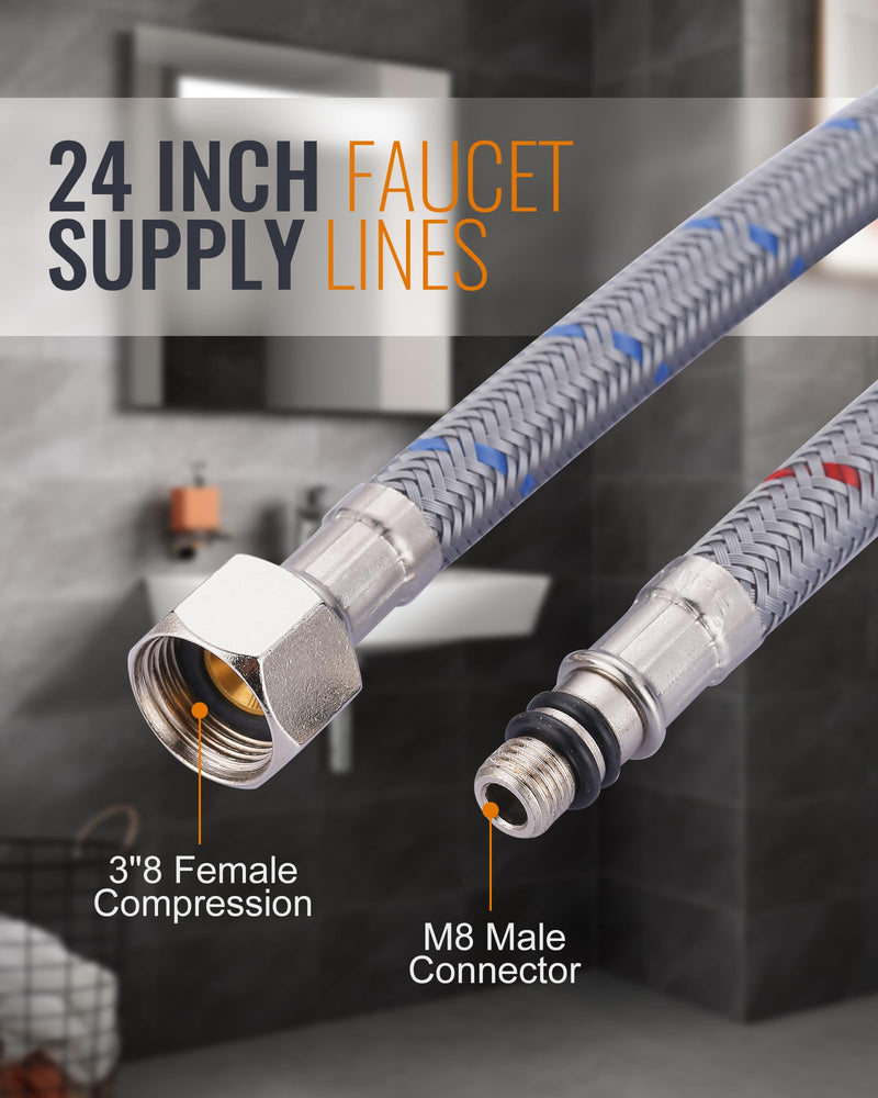 Faucet Supply Lines, WOWOW 24" Bathroom Sink Faucet Hose, Braided Nylon cUPC Supply Lines 3/8" Female Compression Thread × M8 Male Connector,Stainless Steel Braided Supply Line(1 Pair) 24Inch