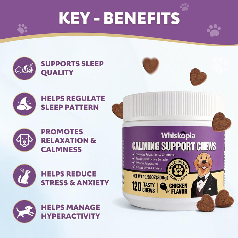 Calming Chews for Dogs Anxiety Relief Treats with Melatonin Sleep Aid Relaxing Bites Stress Relief During Fireworks, Travel, Barking, Thunder, Separation, Storms, Check-ups - 120 Ct