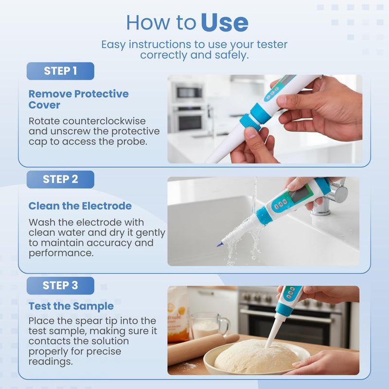 Digital pH Meter for Food - Professional pH Tester with Spear Probe for Sourdough, Fermentation, Hot Sauce, Canning, Cheese, Salami, Kimchi, Kombucha - Water-Resistant Kit with pH Calibration Powders Blue