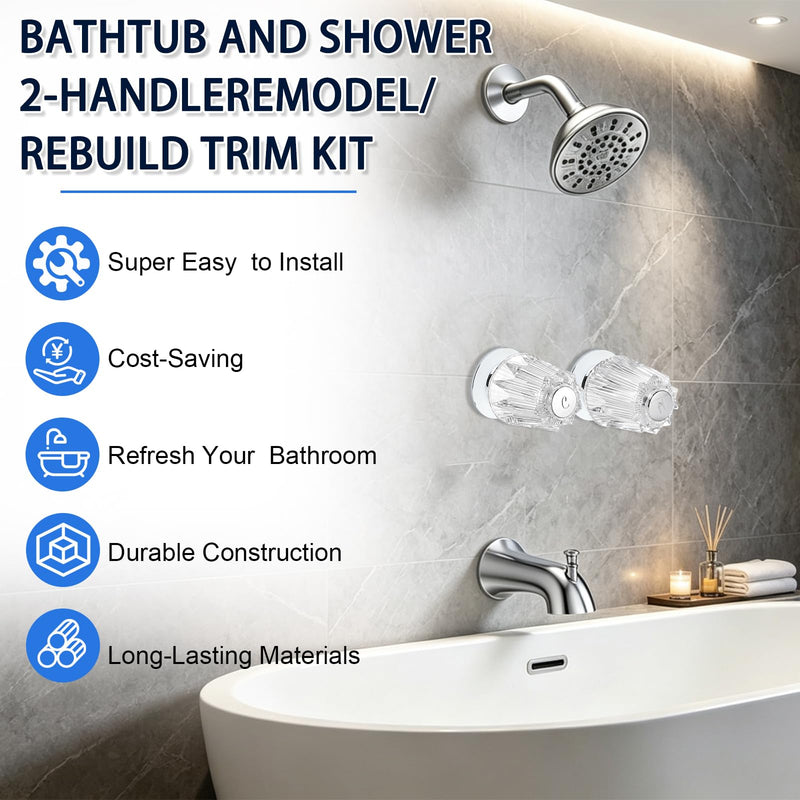 Bathtub Shower Knobs 2 Piece Compatible with Price Pfister Verve Faucets, Rebuild Set with Clear Acrylic Handles, Stems, Seats & Flanges – Hot & Cold Replacement Parts