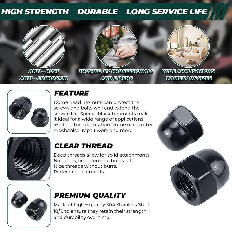 1/4-20 Black Acorn Hex Cap Nuts (50 pcs), 304 Stainless Steel 18/8, Black Oxide Coated, Acorn Dome Head Cap Nuts, Fayeploo 1/4-20