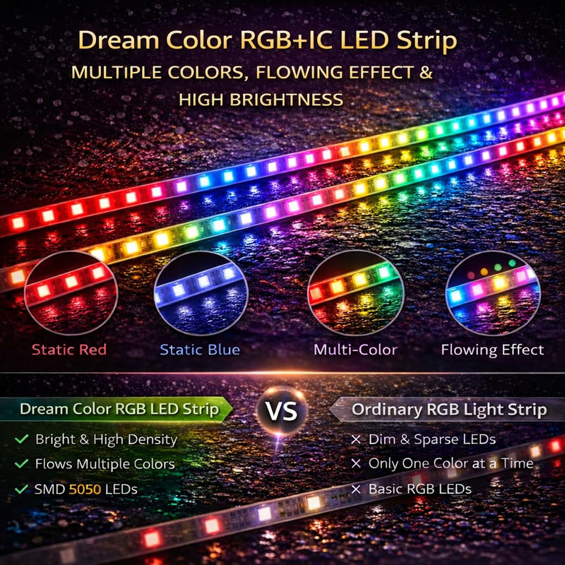 Battery Powered RGB+IC Dream Color Chasing Marine Boat LED Strip Lights with Remote, 16.4FT IP68 Waterproof WS2812B Addressable Kayak SUP Light for Pontoon, Paddleboard, Canoes, Golf Cart 1 x 16.4FT