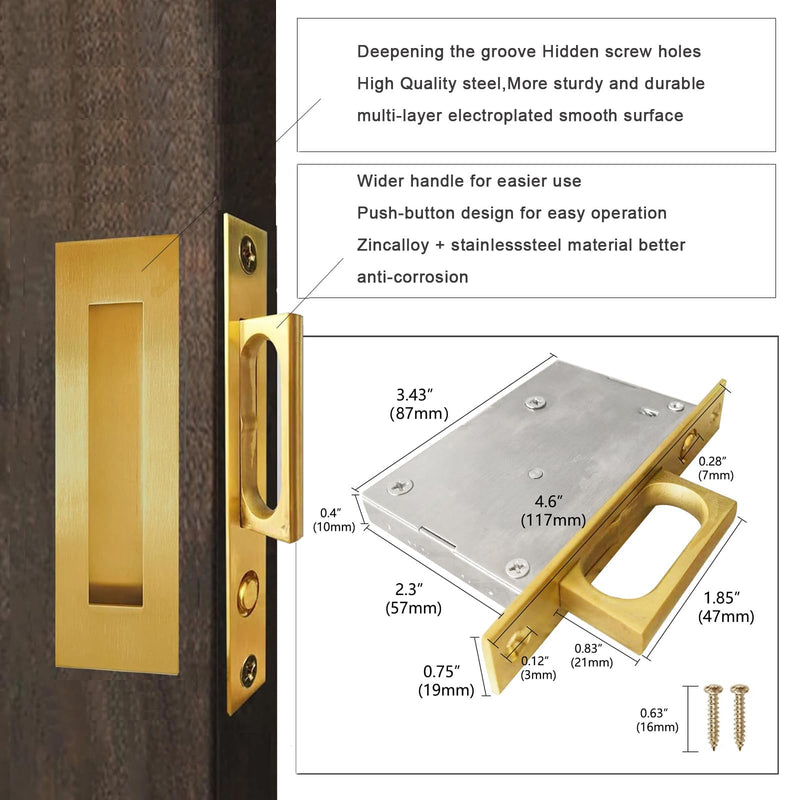 Pocket Door Hardware,Recessed Finger Flush Pulls with Edge Pull,Sliding Pocket Door Handles,Heavy Duty Edge Pull with Pop Out Ring Pull (Gold, 4.72Inch) 4.72inch-Gold